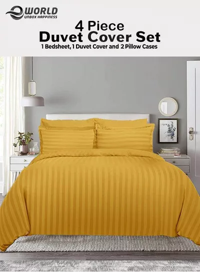 Premium Striped Duvet Set All Season – 4-Pieces Set Gold | King Size 220x240 cm | Ultra-Soft, Wrinkle-Resistant & Made in Dubai | Includes Duvet Cover, Fitted Sheet (200x200 cm) & 2 Pillowcases (50x70 cm)-0