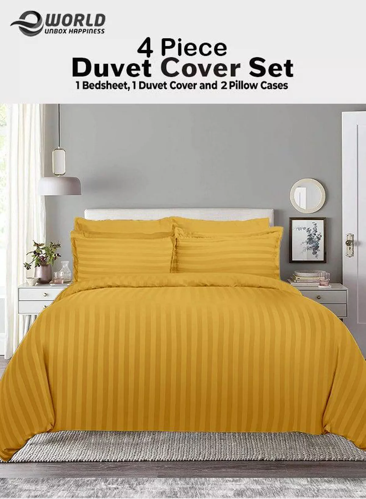 Premium Striped Duvet Set All Season – 4-Pieces Set Gold | King Size 220x240 cm | Ultra-Soft, Wrinkle-Resistant & Made in Dubai | Includes Duvet Cover, Fitted Sheet (200x200 cm) & 2 Pillowcases (50x70 cm)