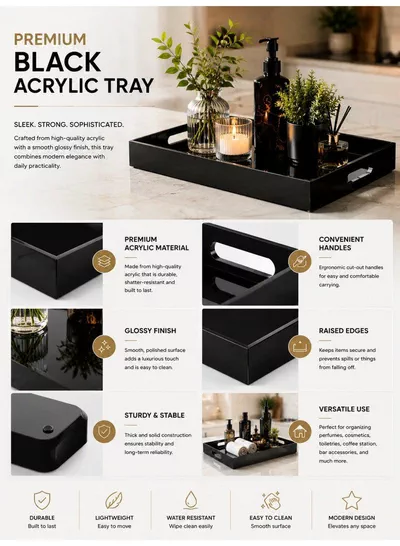 Premium Black Acrylic Serving Tray with Handles – Decorative Vanity Organizer Tray for Coffee Table, Kitchen Counter, Bathroom & Perfume Display (15.2 x 11 Inch)-1