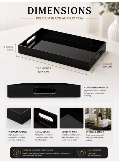 Premium Black Acrylic Serving Tray with Handles – Decorative Vanity Organizer Tray for Coffee Table, Kitchen Counter, Bathroom & Perfume Display (15.2 x 11 Inch)-2