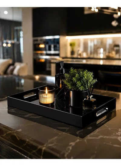 Premium Black Acrylic Serving Tray with Handles – Decorative Vanity Organizer Tray for Coffee Table, Kitchen Counter, Bathroom & Perfume Display (15.2 x 11 Inch)-3