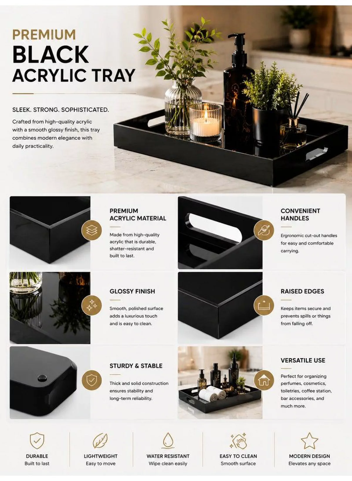Premium Black Acrylic Serving Tray with Handles – Decorative Vanity Organizer Tray for Coffee Table, Kitchen Counter, Bathroom & Perfume Display (15.2 x 11 Inch)-1-1