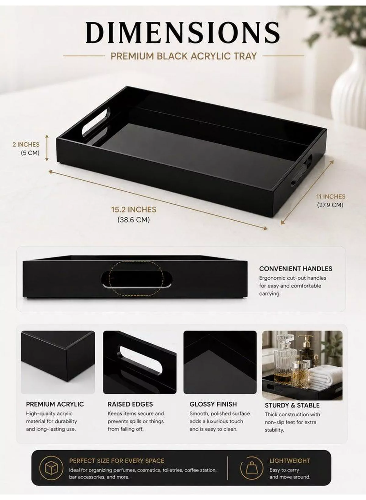 Premium Black Acrylic Serving Tray with Handles – Decorative Vanity Organizer Tray for Coffee Table, Kitchen Counter, Bathroom & Perfume Display (15.2 x 11 Inch)-2-2