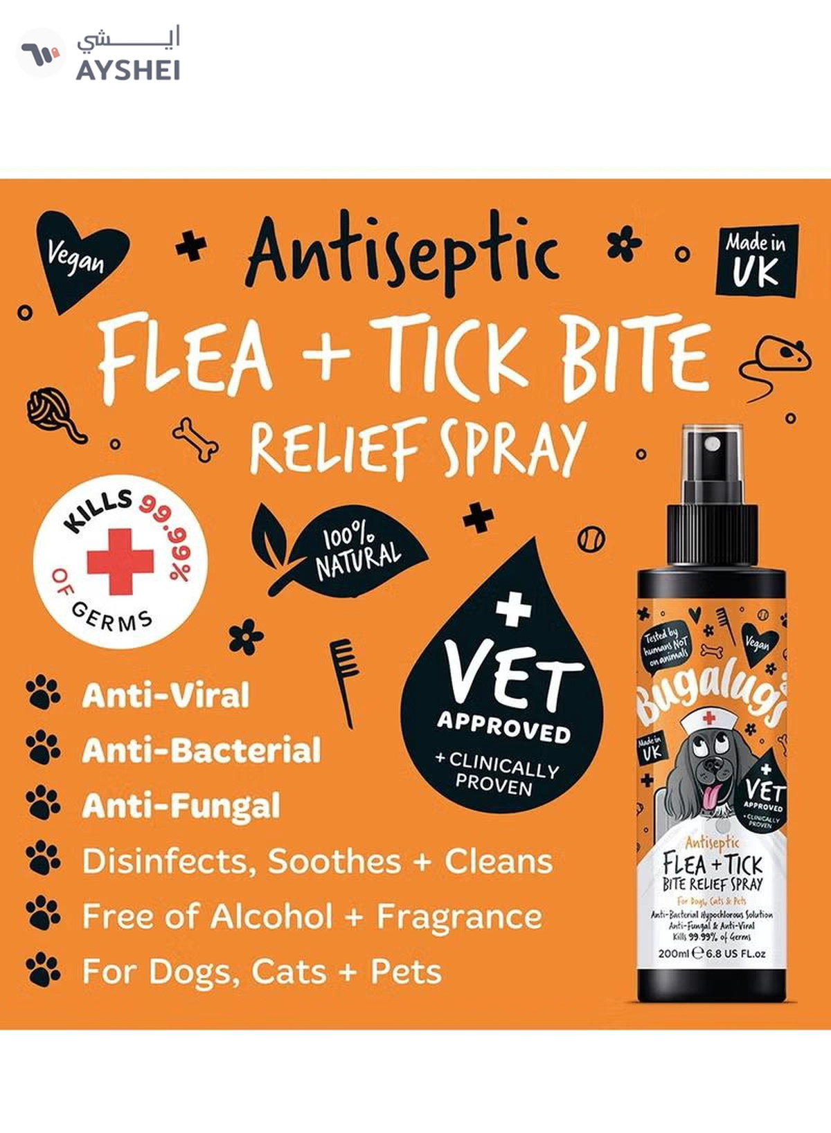 BUGALUGS Antiseptic Flea & Tick Bite Relief Spray 200ml (6.8 Fl Oz)-1-1