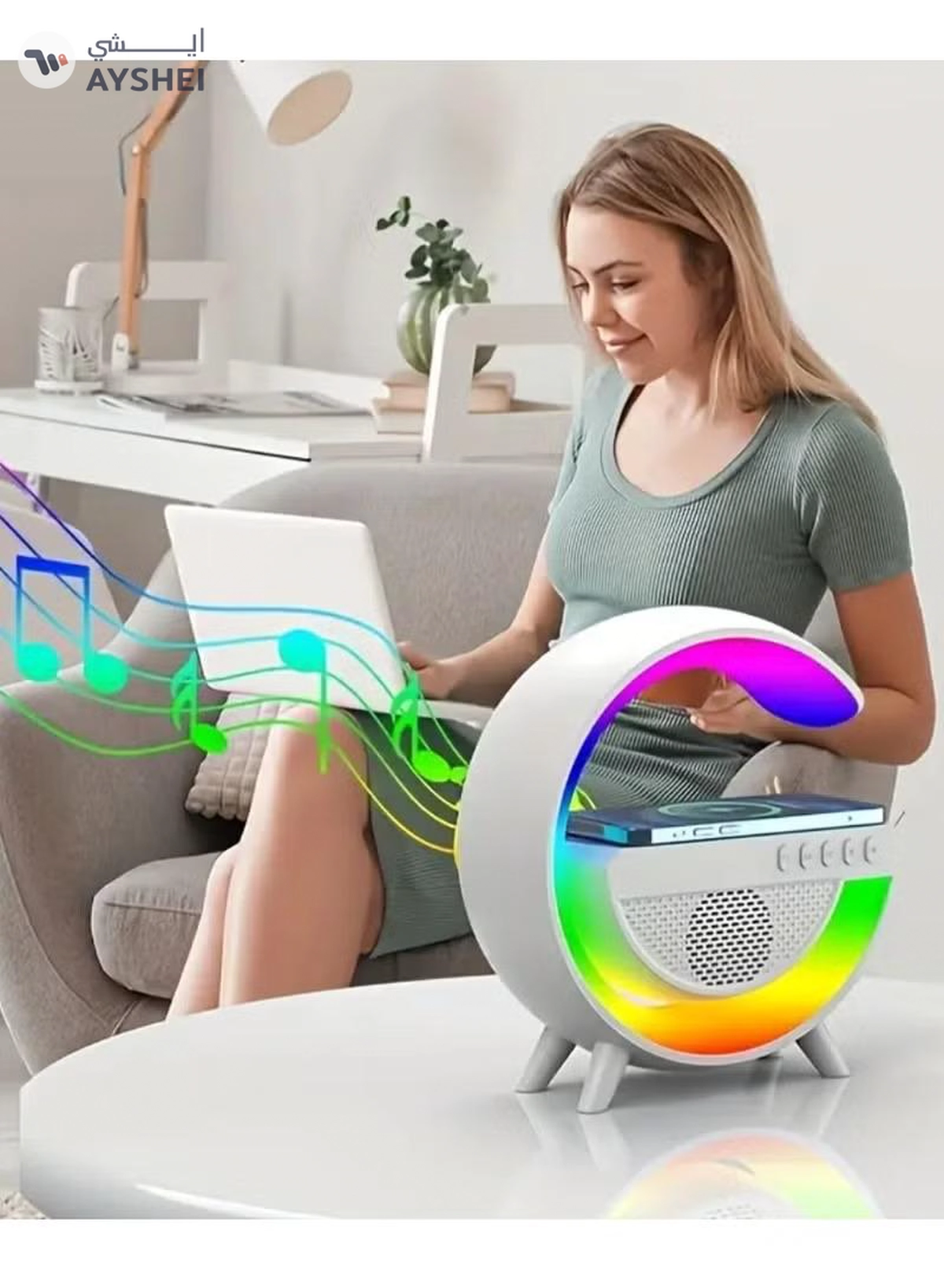 Yuwell LED Wireless Charger Atmosphere Lamp With Bluetooth Speaker And FM Radio Light Up Wireless Speaker Intelligent LED Table Lamp Color Changing Bedside Table Light For Home And Bedroom Decor-1-1