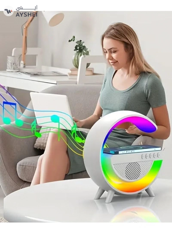 Yuwell LED Wireless Charger Atmosphere Lamp With Bluetooth Speaker And FM Radio Light Up Wireless Speaker Intelligent LED Table Lamp Color Changing Bedside Table Light For Home And Bedroom Decor