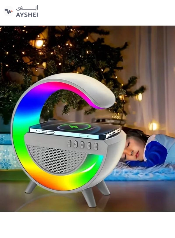Yuwell LED Wireless Charger Atmosphere Lamp With Bluetooth Speaker And FM Radio Light Up Wireless Speaker Intelligent LED Table Lamp Color Changing Bedside Table Light For Home And Bedroom Decor