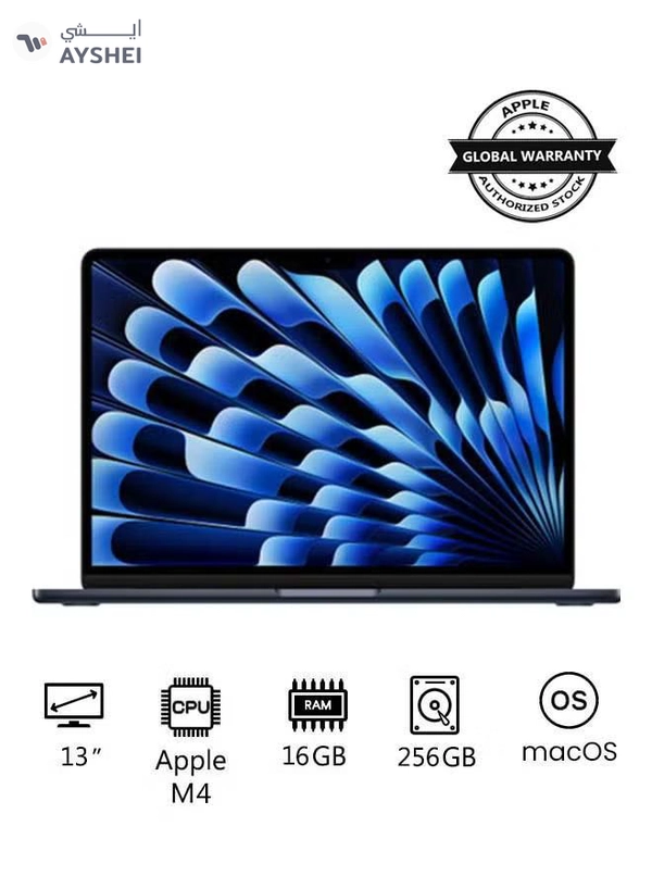 Apple New 2025 MacBook Air MW123 13-Inch Display, Apple M4 Chip 10-Core CPU 8-Core GPU Processor/16GB RAM/256GB SSD/macOS English/Arabic Midnight
