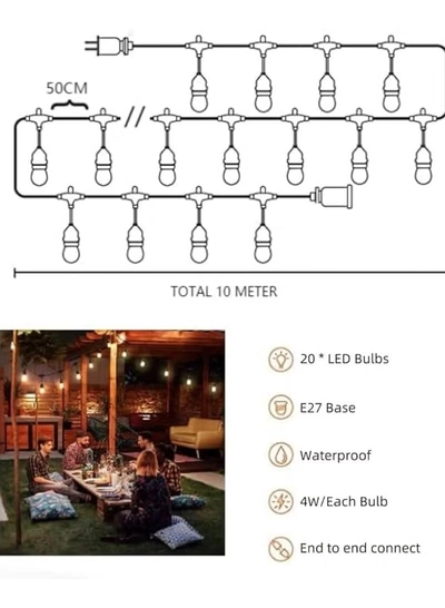 Yuwell Outdoor Waterproof IP65 Led String Lights E27 Holder 10 Meter Bulb Holder Wire With 20 Bulbs 4W A60 Amber With EU Plug Solar Bulb Holder For Ramadan Decoration Lights And Outdoor Decoration Light Hanging Light String Wire Ramadan Light For Commercial Patio Garden & Porch Yard-5