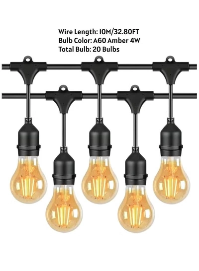 Yuwell Outdoor Waterproof IP65 Led String Lights E27 Holder 10 Meter Bulb Holder Wire With 20 Bulbs 4W A60 Amber With EU Plug Solar Bulb Holder For Ramadan Decoration Lights And Outdoor Decoration Light Hanging Light String Wire Ramadan Light For Commercial Patio Garden & Porch Yard-3