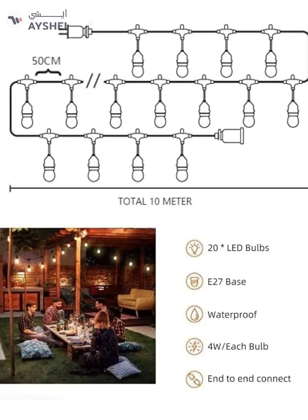 Yuwell Outdoor Waterproof IP65 Led String Lights E27 Holder 10 Meter Bulb Holder Wire With 20 Bulbs 4W A60 Amber With EU Plug Solar Bulb Holder For Ramadan Decoration Lights And Outdoor Decoration Light Hanging Light String Wire Ramadan Light For Commercial Patio Garden & Porch Yard