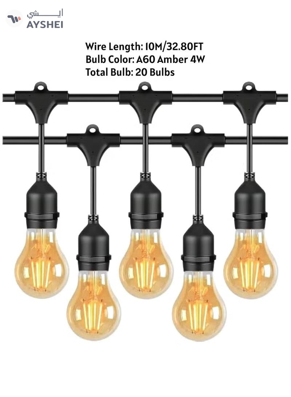 Yuwell Outdoor Waterproof IP65 Led String Lights E27 Holder 10 Meter Bulb Holder Wire With 20 Bulbs 4W A60 Amber With EU Plug Solar Bulb Holder For Ramadan Decoration Lights And Outdoor Decoration Light Hanging Light String Wire Ramadan Light For Commercial Patio Garden & Porch Yard-3-3