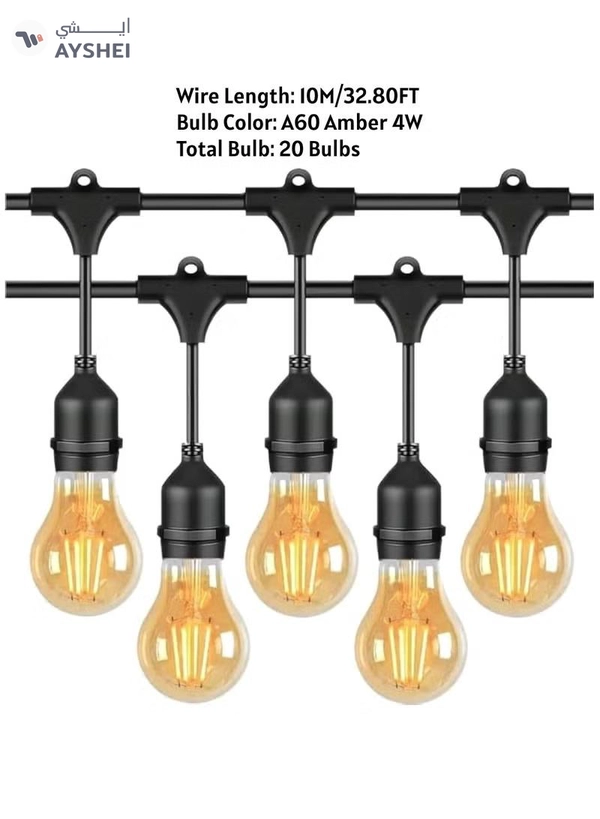 Yuwell Outdoor Waterproof IP65 Led String Lights E27 Holder 10 Meter Bulb Holder Wire With 20 Bulbs 4W A60 Amber With EU Plug Solar Bulb Holder For Ramadan Decoration Lights And Outdoor Decoration Light Hanging Light String Wire Ramadan Light For Commercial Patio Garden & Porch Yard