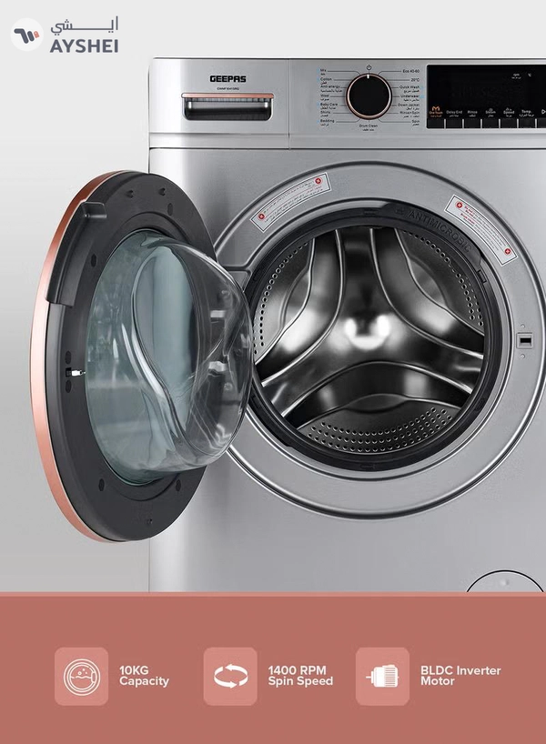 GEEPAS 10 KG Front Load Fully Automatic Washing Machine| Equipped With 15 Programs Including Quick Wash, Night Wash, Deep Clean, Cotton, Allergy Care, Baby Care, Child Lock, Drum Clean| 64L Drum Capacity RPM 1400| 10 kg 2000 W 10 kg 2000 W GWMF1041SRG Metallic Grey