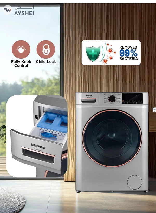 GEEPAS 10 KG Front Load Fully Automatic Washing Machine| Equipped With 15 Programs Including Quick Wash, Night Wash, Deep Clean, Cotton, Allergy Care, Baby Care, Child Lock, Drum Clean| 64L Drum Capacity RPM 1400| 10 kg 2000 W 10 kg 2000 W GWMF1041SRG Metallic Grey