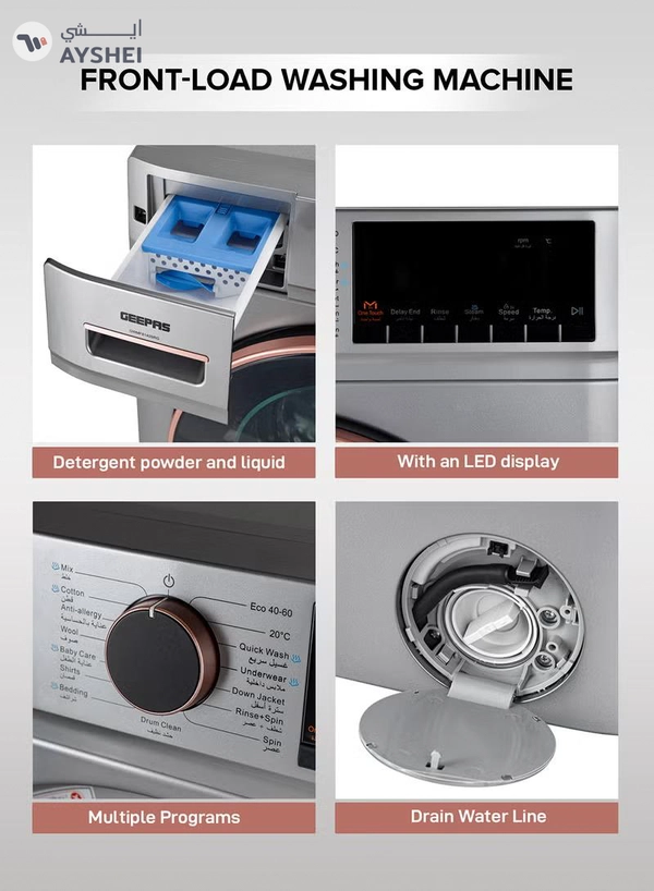 GEEPAS 10 KG Front Load Fully Automatic Washing Machine| Equipped With 15 Programs Including Quick Wash, Night Wash, Deep Clean, Cotton, Allergy Care, Baby Care, Child Lock, Drum Clean| 64L Drum Capacity RPM 1400| 10 kg 2000 W 10 kg 2000 W GWMF1041SRG Metallic Grey