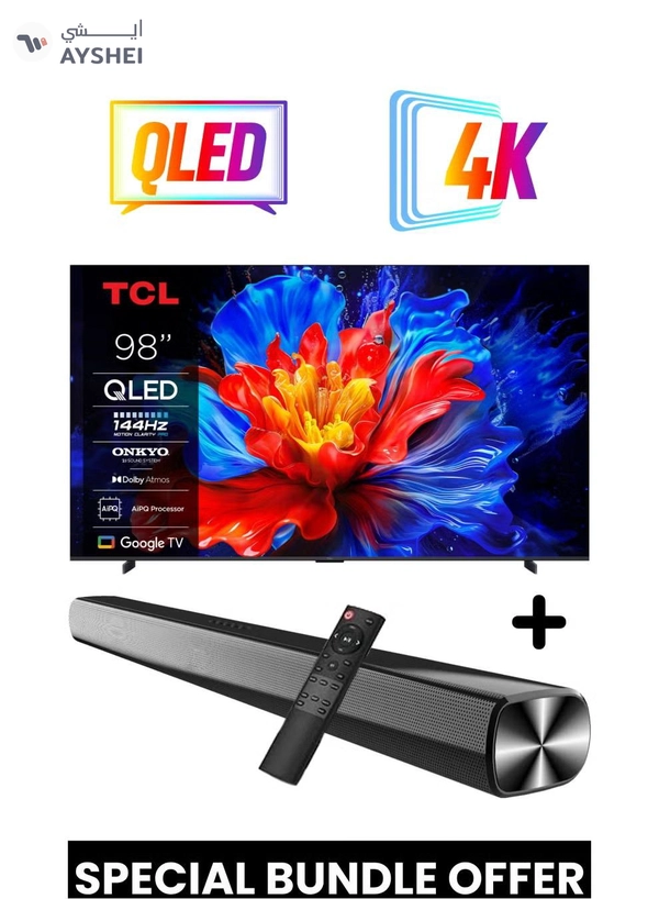 TCL 98-Inch P8K QLED 4K Smart TV + 2.0 Channel Premium Soundbar | [Google TV, AiPQ Pro Processor, 144Hz, HDR10+, Slim Uni-body] + [HDMI (ARC), USB, Bluetooth, FM Station, Aux] - (2025 Model) 98P8K+SOUNDBAR Black