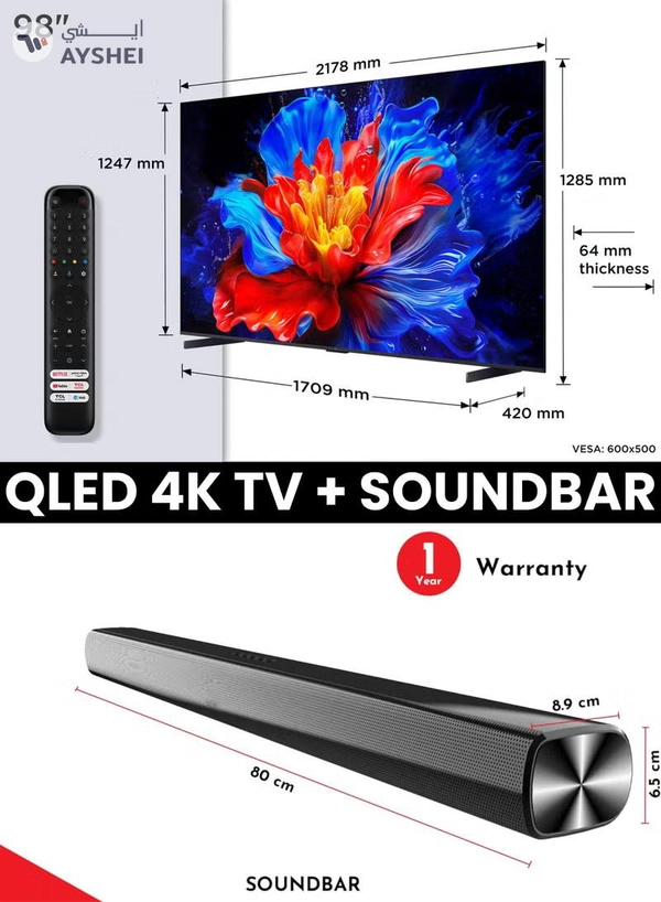 TCL 98-Inch P8K QLED 4K Smart TV + 2.0 Channel Premium Soundbar | [Google TV, AiPQ Pro Processor, 144Hz, HDR10+, Slim Uni-body] + [HDMI (ARC), USB, Bluetooth, FM Station, Aux] - (2025 Model) 98P8K+SOUNDBAR Black