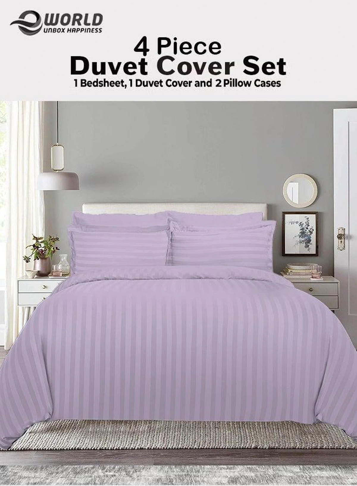 Premium Striped Duvet Set All Season – 4-Pieces Set Lilac | King Size 220x240 cm | Ultra-Soft, Wrinkle-Resistant & Made in Dubai | Includes Duvet Cover, Fitted Sheet (200x200 cm) & 2 Pillowcases (50x70 cm)