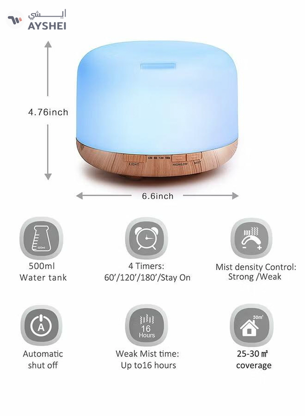 HomarKet 500ml Premium, Essential Oil Diffuser with 7 Colors LED Lights, 5 in 1 Ultrasonic Aromatherapy Fragrant Oil Humidifier Vaporizer, Timer and Auto-Off Safety Switch-5-5