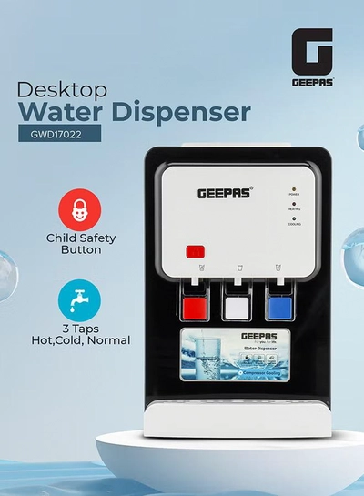 GEEPAS Desktop Water Dispenser – GWD17022 | Hot, Cold & Normal Function | 3 Taps | 5L Hot & 2L Cold Capacity | Stainless Steel Tank | Child Safety Lock | Compressor Cooling | Ideal for Home, Office, School & Apartments GWD17022 White And Black-1