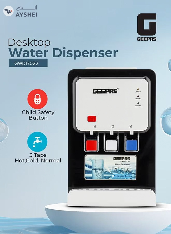 GEEPAS Desktop Water Dispenser – GWD17022 | Hot, Cold & Normal Function | 3 Taps | 5L Hot & 2L Cold Capacity | Stainless Steel Tank | Child Safety Lock | Compressor Cooling | Ideal for Home, Office, School & Apartments GWD17022 White And Black