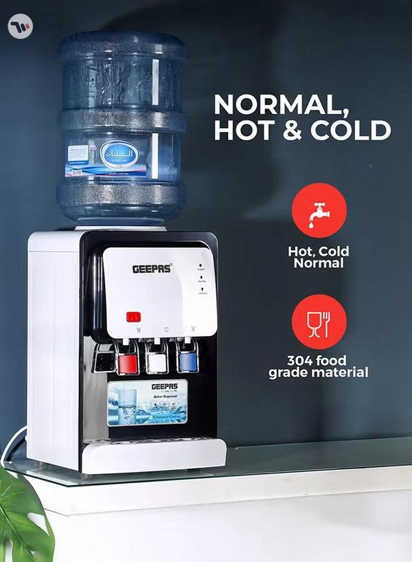GEEPAS Desktop Water Dispenser – GWD17022 | Hot, Cold & Normal Function | 3 Taps | 5L Hot & 2L Cold Capacity | Stainless Steel Tank | Child Safety Lock | Compressor Cooling | Ideal for Home, Office, School & Apartments GWD17022 White And Black