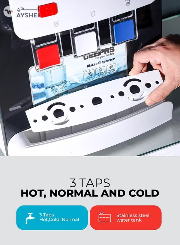 GEEPAS Desktop Water Dispenser – GWD17022 | Hot, Cold & Normal Function | 3 Taps | 5L Hot & 2L Cold Capacity | Stainless Steel Tank | Child Safety Lock | Compressor Cooling | Ideal for Home, Office, School & Apartments GWD17022 White And Black