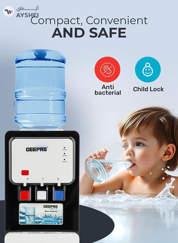 GEEPAS Desktop Water Dispenser – GWD17022 | Hot, Cold & Normal Function | 3 Taps | 5L Hot & 2L Cold Capacity | Stainless Steel Tank | Child Safety Lock | Compressor Cooling | Ideal for Home, Office, School & Apartments GWD17022 White And Black