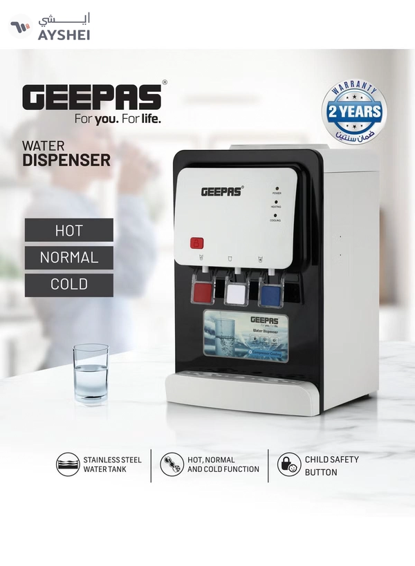 GEEPAS Desktop Water Dispenser – GWD17022 | Hot, Cold & Normal Function | 3 Taps | 5L Hot & 2L Cold Capacity | Stainless Steel Tank | Child Safety Lock | Compressor Cooling | Ideal for Home, Office, School & Apartments GWD17022 White And Black