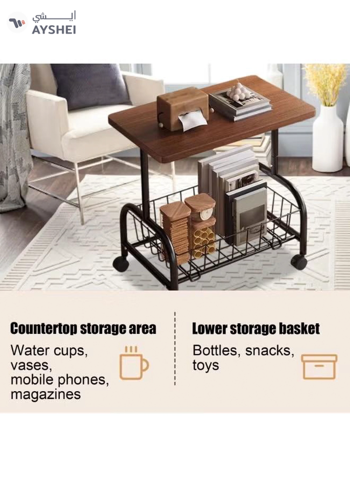 DubaiGallery Movable Coffee Table 2 Layer Cart Living Room Cart，2-Tier End Table/Bedside Table,Storage Table, Mid Century Modern Coffee Table with for Sofa Side Table-2-2