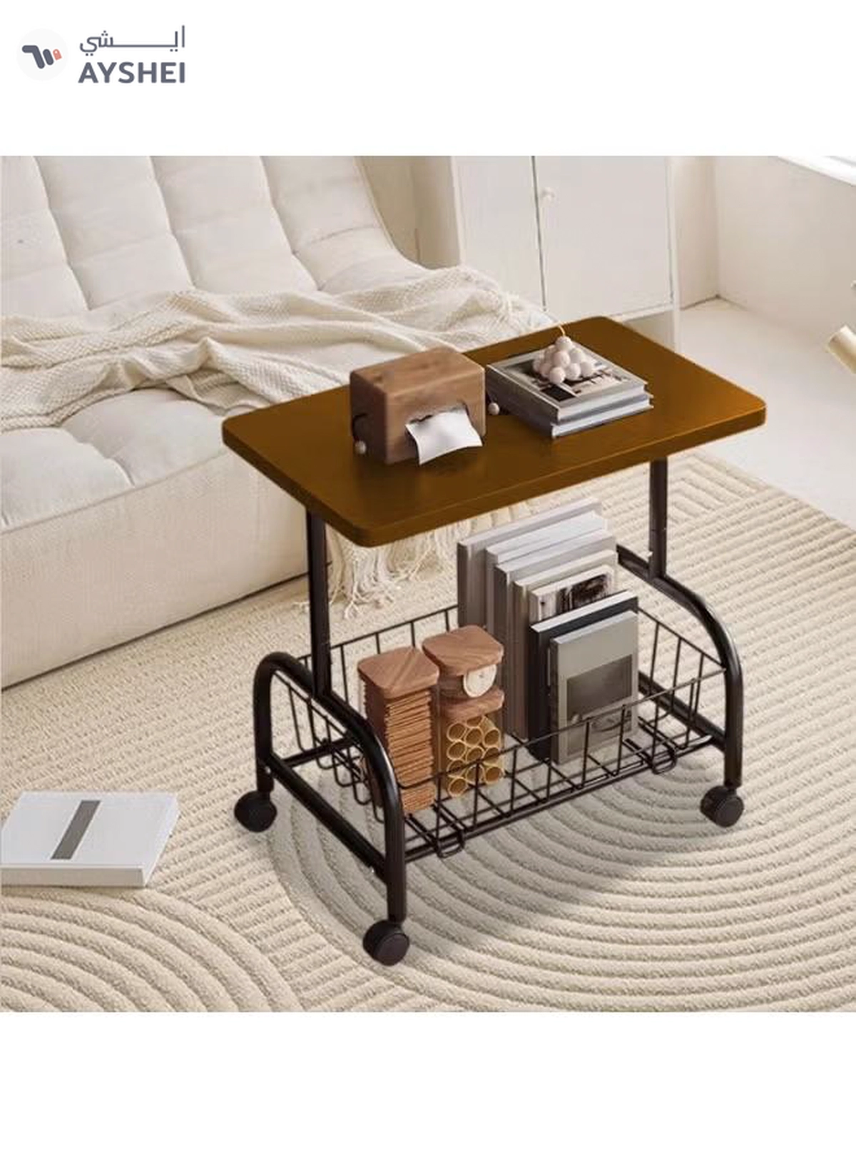 DubaiGallery Movable Coffee Table 2 Layer Cart Living Room Cart，2-Tier End Table/Bedside Table,Storage Table, Mid Century Modern Coffee Table with for Sofa Side Table-3-3