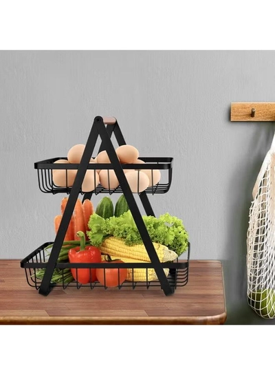 DubaiGallery Contemporary Two-Level Metal Fruit Basket with Wooden Grip – Large Storage Organizer for Kitchen Countertop, Pantry & Dining Table – Air-Circulating Wire Design for Fresh Produce & Neat Home Organization-1