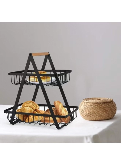 DubaiGallery Contemporary Two-Level Metal Fruit Basket with Wooden Grip – Large Storage Organizer for Kitchen Countertop, Pantry & Dining Table – Air-Circulating Wire Design for Fresh Produce & Neat Home Organization-2