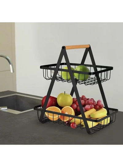 DubaiGallery Contemporary Two-Level Metal Fruit Basket with Wooden Grip – Large Storage Organizer for Kitchen Countertop, Pantry & Dining Table – Air-Circulating Wire Design for Fresh Produce & Neat Home Organization-3