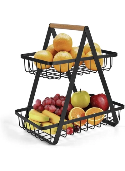 DubaiGallery Contemporary Two-Level Metal Fruit Basket with Wooden Grip – Large Storage Organizer for Kitchen Countertop, Pantry & Dining Table – Air-Circulating Wire Design for Fresh Produce & Neat Home Organization-0