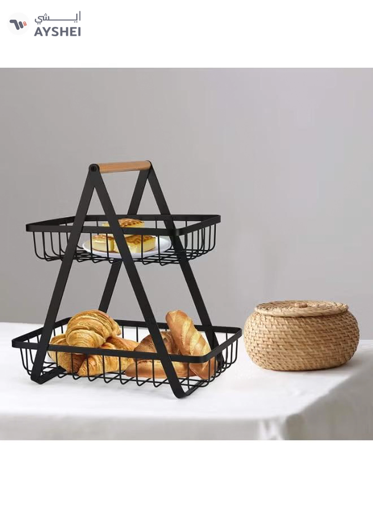 DubaiGallery Contemporary Two-Level Metal Fruit Basket with Wooden Grip – Large Storage Organizer for Kitchen Countertop, Pantry & Dining Table – Air-Circulating Wire Design for Fresh Produce & Neat Home Organization-2-2