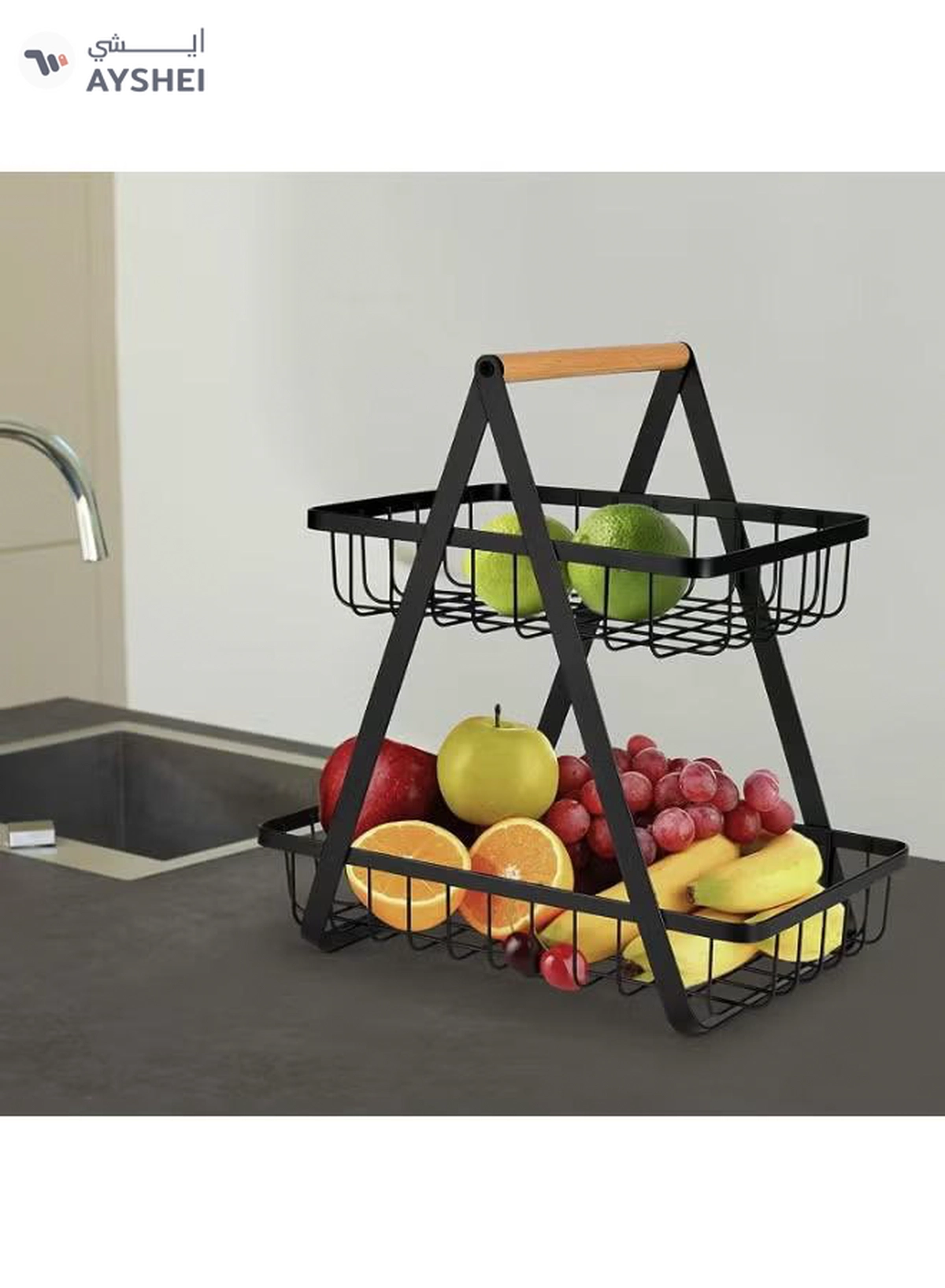 DubaiGallery Contemporary Two-Level Metal Fruit Basket with Wooden Grip – Large Storage Organizer for Kitchen Countertop, Pantry & Dining Table – Air-Circulating Wire Design for Fresh Produce & Neat Home Organization-3-3