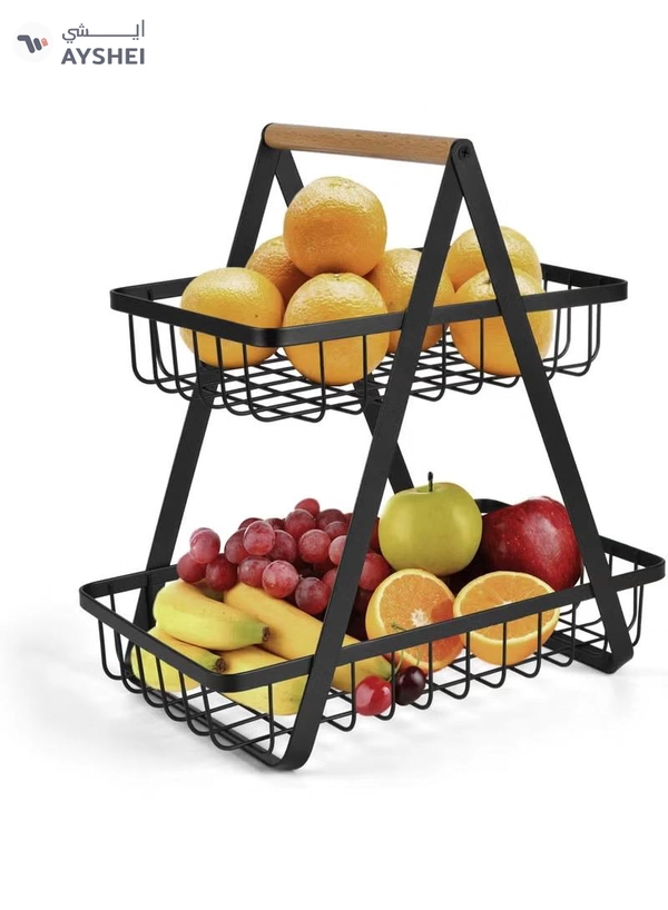 DubaiGallery Contemporary Two-Level Metal Fruit Basket with Wooden Grip – Large Storage Organizer for Kitchen Countertop, Pantry & Dining Table – Air-Circulating Wire Design for Fresh Produce & Neat Home Organization