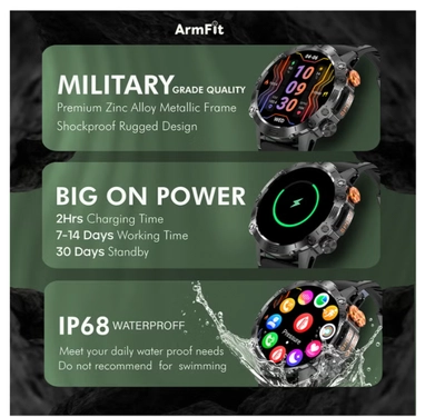 Armfit Dome Smartwatch For Men, AMOLED Always On Display Bluetooth Calling Waterproof Fitness Watches Compatible With Android iOS Black-6