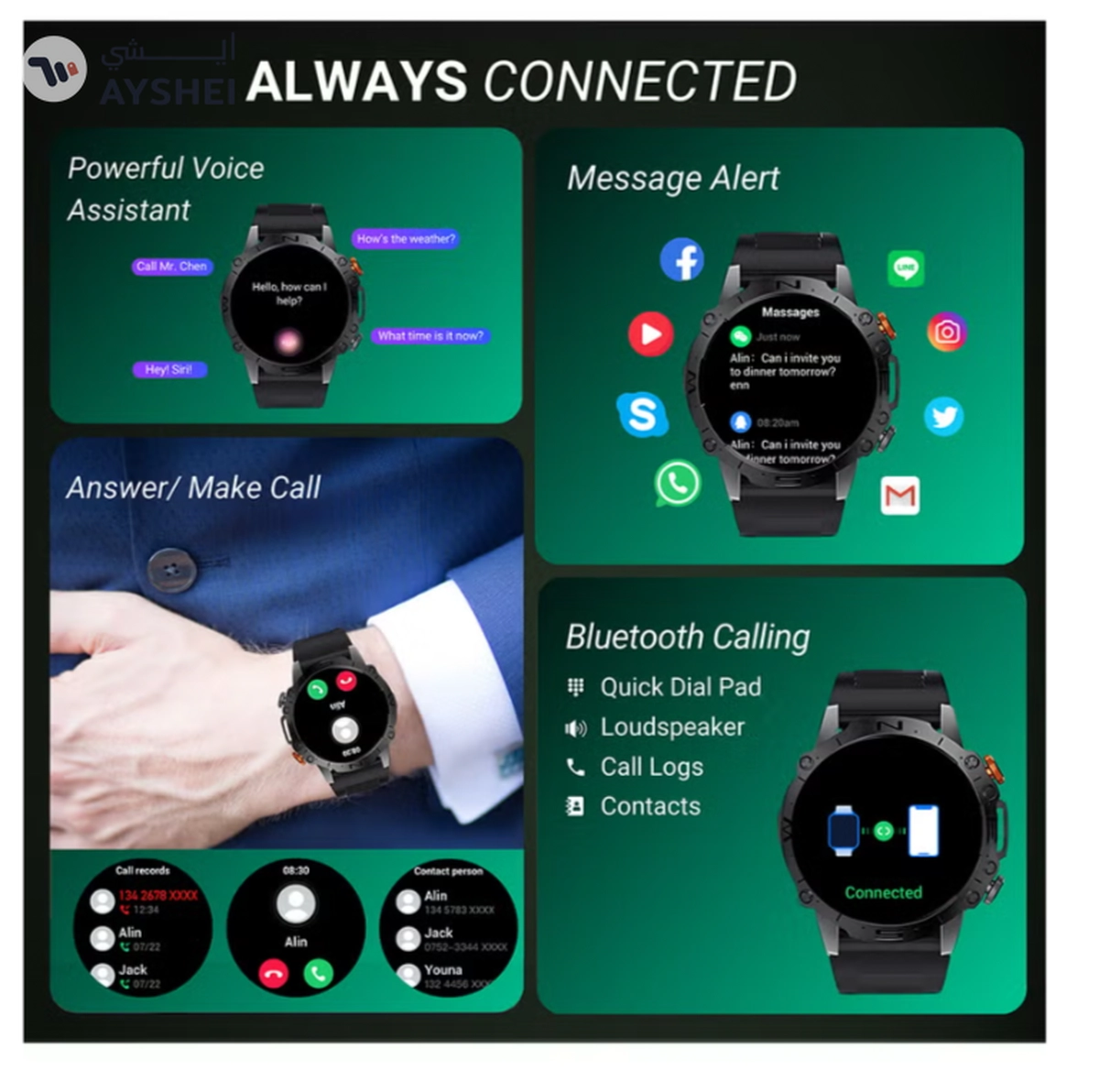 Armfit Dome Smartwatch For Men, AMOLED Always On Display Bluetooth Calling Waterproof Fitness Watches Compatible With Android iOS Black-8-8