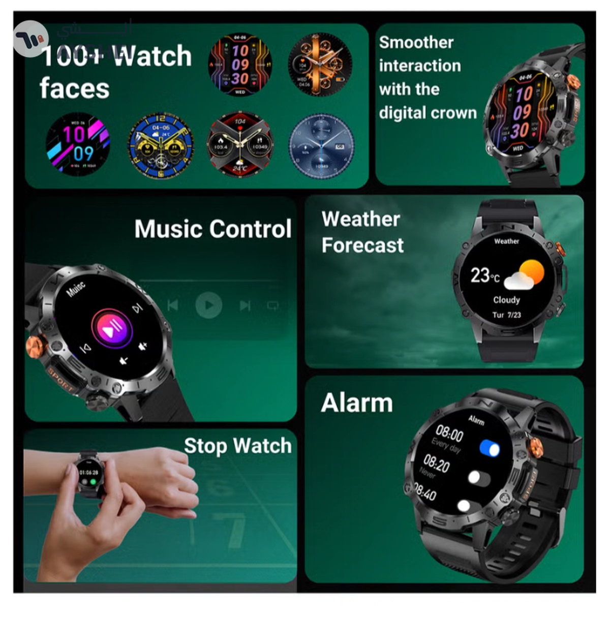 Armfit Dome Smartwatch For Men, AMOLED Always On Display Bluetooth Calling Waterproof Fitness Watches Compatible With Android iOS Black-2-2