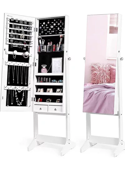 Jewelry Cabinet with Full-Length Mirror, Standing Lockable Jewelry Armoire Mirror Organizer, 3 Adjustable, White-0
