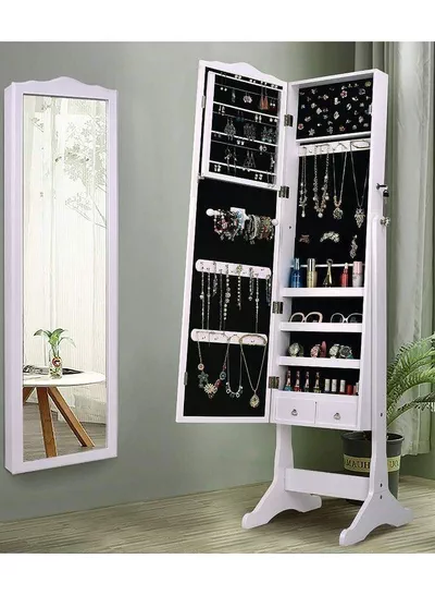 Jewelry Cabinet with Full-Length Mirror, Standing Lockable Jewelry Armoire Mirror Organizer, 3 Adjustable, White-1