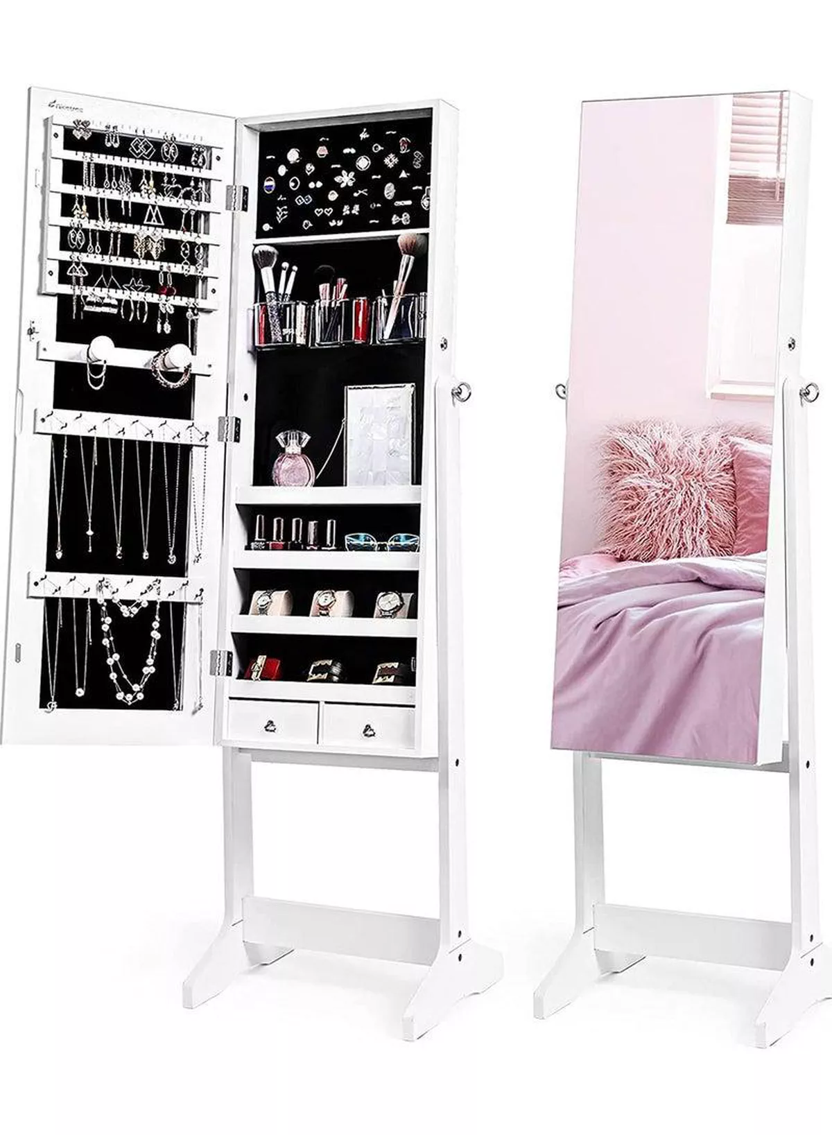 Jewelry Cabinet with Full-Length Mirror, Standing Lockable Jewelry Armoire Mirror Organizer, 3 Adjustable, White