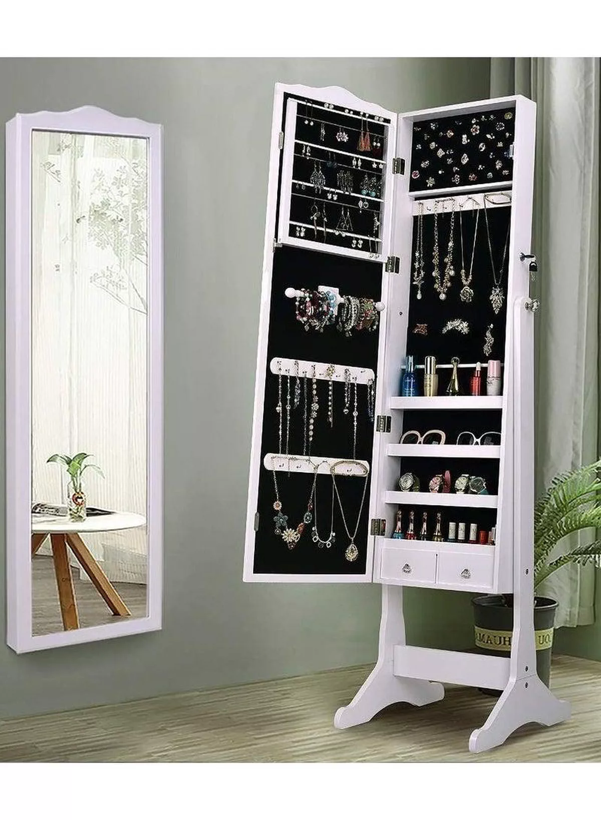 Jewelry Cabinet with Full-Length Mirror, Standing Lockable Jewelry Armoire Mirror Organizer, 3 Adjustable, White-1-1