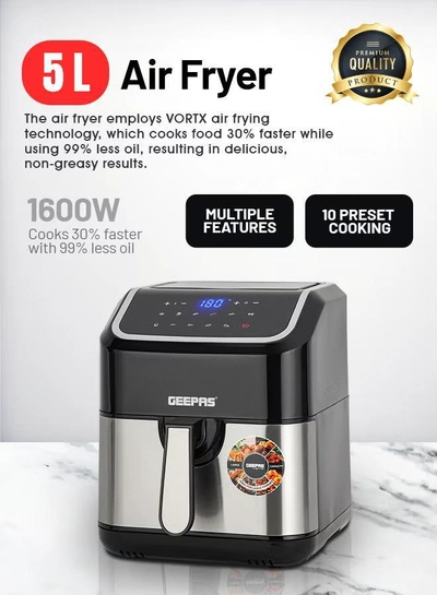 Geepas Digital Air Fryer - Equipped With Vortx Air Frying Technology| Oil Free Cooking Digital Display With Touch Screen| 10 Preset Cooking Modes, 1-60 Minutes Timer| Ideal For Making Fries, Steak, Chicken, Cake, Meat, Bread Etc 5 L 1600 W GAF37527 Black-5