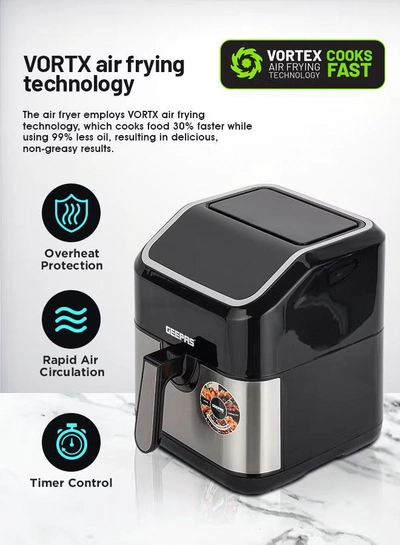 Geepas Digital Air Fryer - Equipped With Vortx Air Frying Technology| Oil Free Cooking Digital Display With Touch Screen| 10 Preset Cooking Modes, 1-60 Minutes Timer| Ideal For Making Fries, Steak, Chicken, Cake, Meat, Bread Etc 5 L 1600 W GAF37527 Black-4