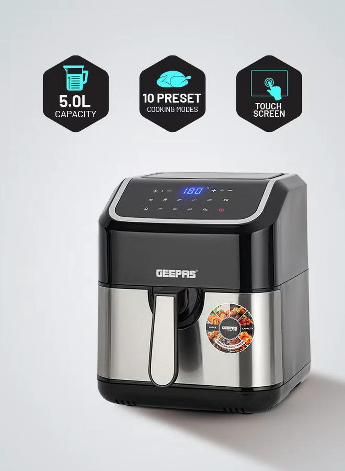 Geepas Digital Air Fryer - Equipped With Vortx Air Frying Technology| Oil Free Cooking Digital Display With Touch Screen| 10 Preset Cooking Modes, 1-60 Minutes Timer| Ideal For Making Fries, Steak, Chicken, Cake, Meat, Bread Etc 5 L 1600 W GAF37527 Black-1-1