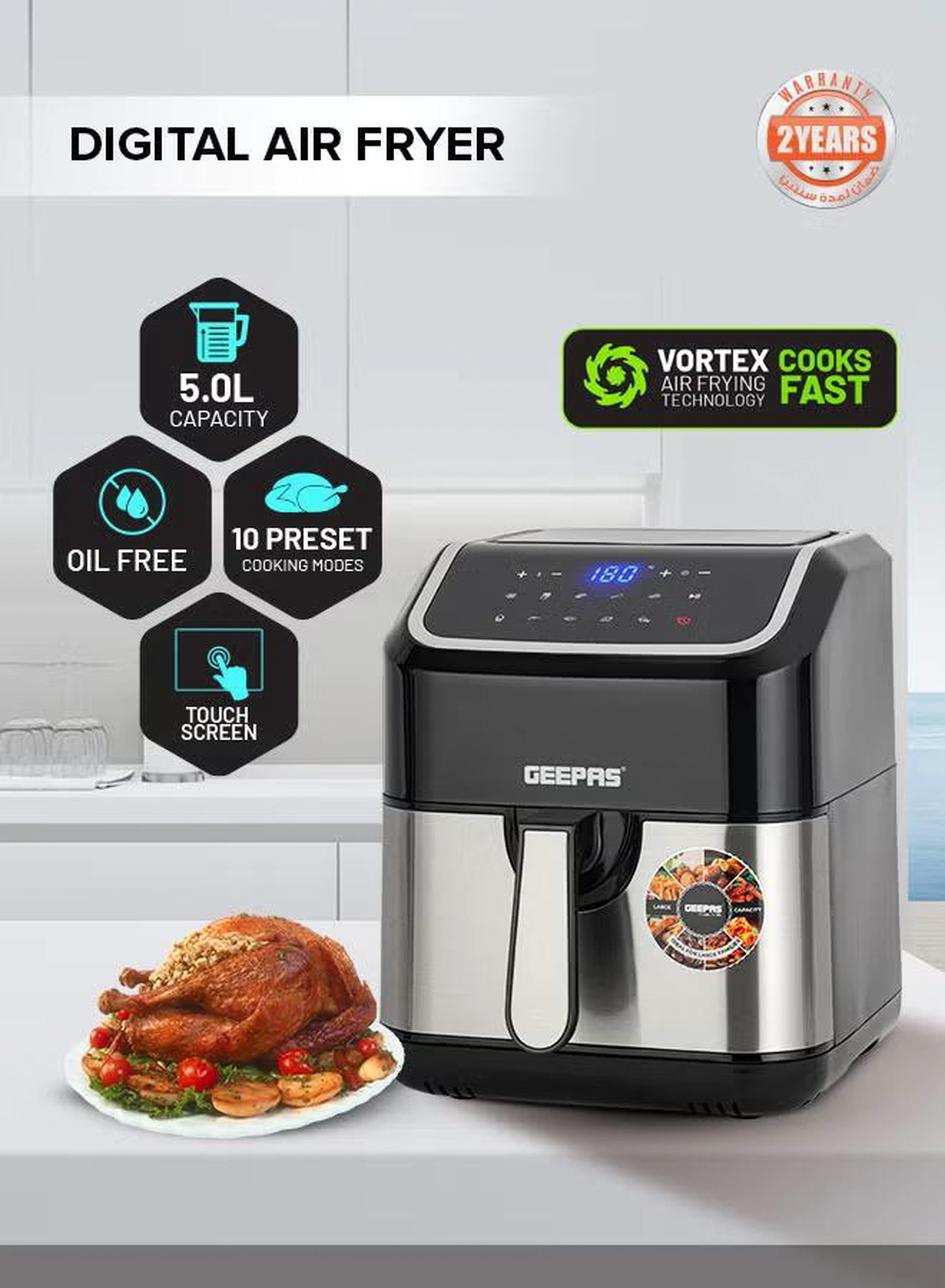 Geepas Digital Air Fryer - Equipped With Vortx Air Frying Technology| Oil Free Cooking Digital Display With Touch Screen| 10 Preset Cooking Modes, 1-60 Minutes Timer| Ideal For Making Fries, Steak, Chicken, Cake, Meat, Bread Etc 5 L 1600 W GAF37527 Black-3-3